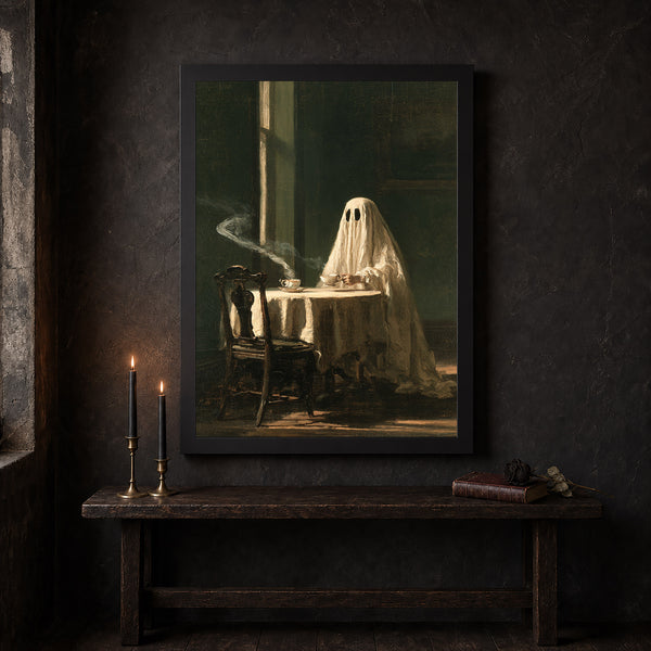 Ghost Drinking Tea Vintage Art Poster Print Dark Academia Decor