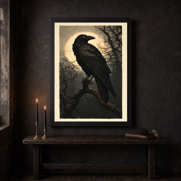 Gothic Raven Art Print Dark Forest, Moonlit Cottagecore 1