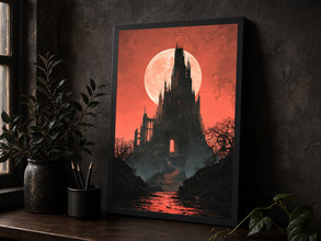 Gothic Vampire Castle by the Blood Moon, Vintage Poster, Art Poster Print, Dark Academia Pain-EI1FQU