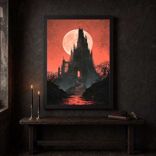 Gothic Vampire Castle by the Blood Moon, Vintage Poster, Art Poster Print, Dark Academia Pain-EI1FQU