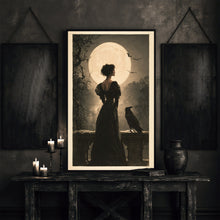 Gothic Woman & Raven Wall Art Print, Gothic Twilight Balcony Scene, Dark Romance Wall Decor f-NOEXDY