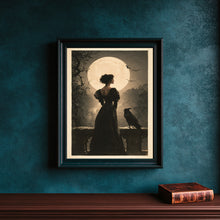 Gothic Woman & Raven Wall Art Print, Gothic Twilight Balcony Scene, Dark Romance Wall Decor f-NOEXDY