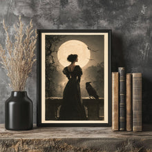 Gothic Woman & Raven Wall Art Print, Gothic Twilight Balcony Scene, Dark Romance Wall Decor f-NOEXDY