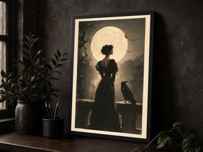 Gothic Woman & Raven Wall Art Print, Gothic Twilight Balcony Scene, Dark Romance Wall Decor f-NOEXDY