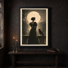 Gothic Woman & Raven Wall Art Print, Gothic Twilight Balcony Scene, Dark Romance Wall Decor f-NOEXDY