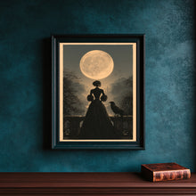 Gothic Woman & Raven Wall Art Print, Gothic Twilight Balcony Scene, Dark Romance Wall Decor f-XRKYB9