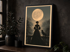 Gothic Woman & Raven Wall Art Print, Gothic Twilight Balcony Scene, Dark Romance Wall Decor f-XRKYB9