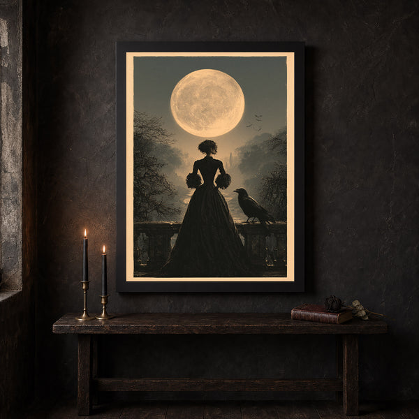 Gothic Woman & Raven Wall Art Print, Gothic Twilight Balcony Scene, Dark Romance Wall Decor f-XRKYB9