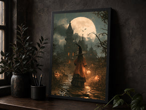 Halloween on a Moonlit Fall Night, Vintage Poster, Art Poster Print, Dark Academia, Gothic Pa-HSQQWW