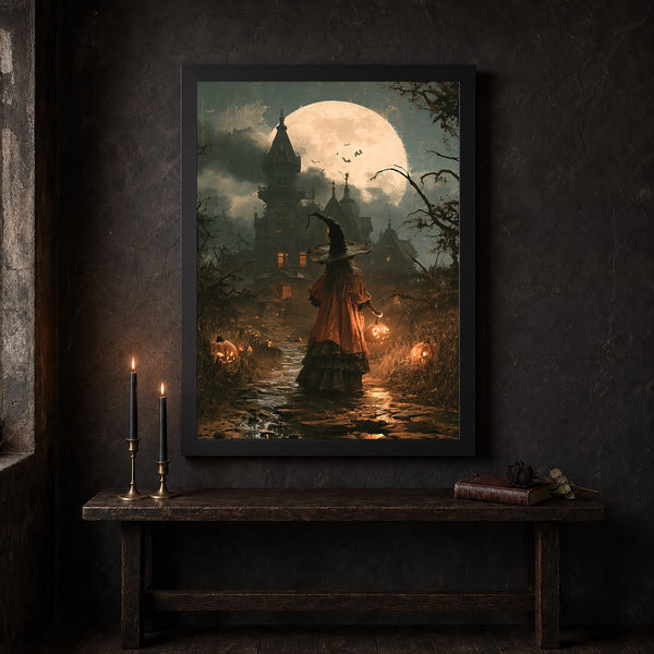 Halloween on a Moonlit Fall Night, Vintage Poster, Art Poster Print, Dark Academia, Gothic Pa-HSQQWW