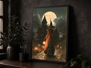 Halloween on a Moonlit Fall Night, Vintage Poster, Art Poster Print, Dark Academia, Gothic Painting