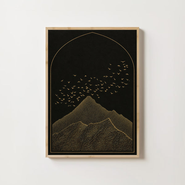 Light Blue Mountain Print Japanese Inspired Wall Art Minimalist Mountain Decor with Bir-QUECBJ