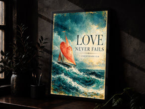 Love Never Fails - 1 Corinthians 13 8 - Heart Sail Christian Art
