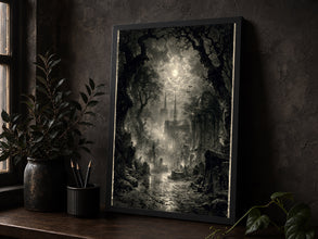 Moonlit Cemetery Art Print, Gothic Halloween Decor 1