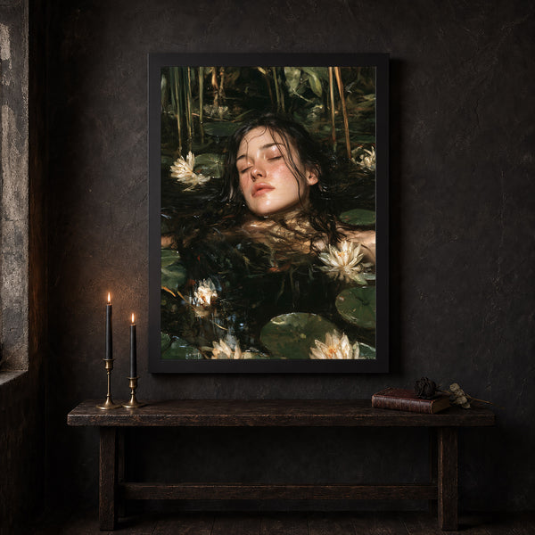 Ophelia Wall Art – Dark Water Lily Victorian Portrait Print