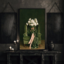 Peony Woman Wall Art – Moody Green Victorian Floral Portrait