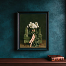 Peony Woman Wall Art – Moody Green Victorian Floral Portrait