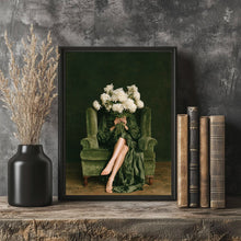 Peony Woman Wall Art – Moody Green Victorian Floral Portrait