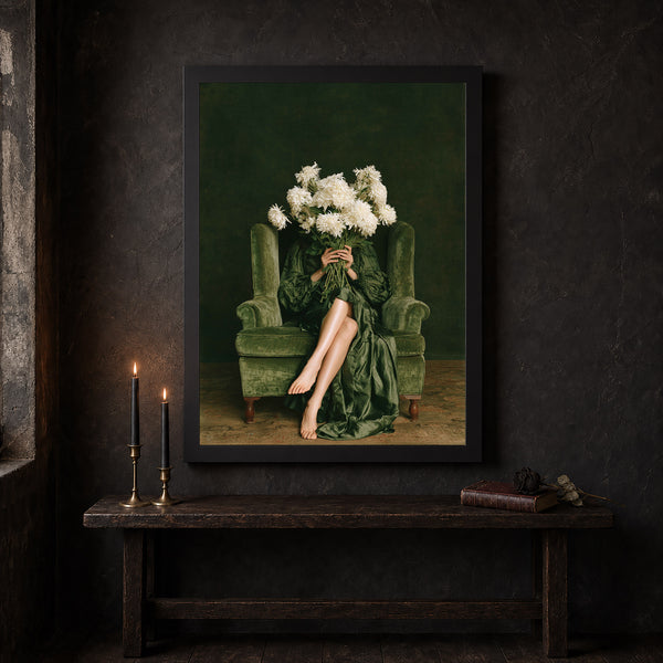 Peony Woman Wall Art – Moody Green Victorian Floral Portrait