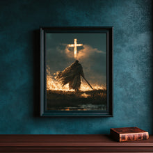 Sacred Warrior Wall Art — Blue & Gold Knight Christian Cross Giclée Print, Cinematic