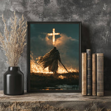 Sacred Warrior Wall Art — Blue & Gold Knight Christian Cross Giclée Print, Cinematic