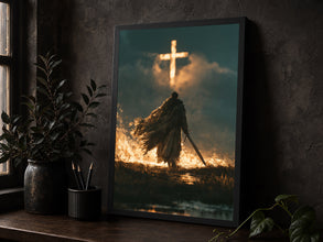 Sacred Warrior Wall Art — Blue & Gold Knight Christian Cross Giclée Print, Cinematic