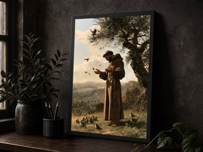 Saint Francis of Assisi Print, Sermon to the Birds, Catholic Wall Art, Franciscan Monk Painti-7PD4CI