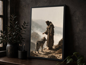 Saint Francis of Assisi Wolf of Gubbio Catholic Art Print, Franciscan Monk Poster, Medieval C-9MZ228