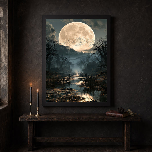 Spooky Swamp at Full Moon Wall Art Print Dark Cottagecore Halloween Artwork Moody Painting Wi-5R5TJC