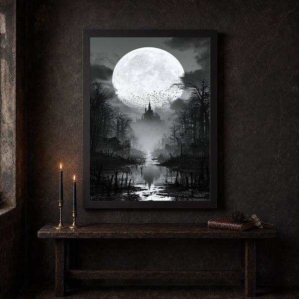 Spooky Swamp at Full Moon Wall Art Print Dark Cottagecore Halloween Artwork Moody Painting Wi-EGF31Y