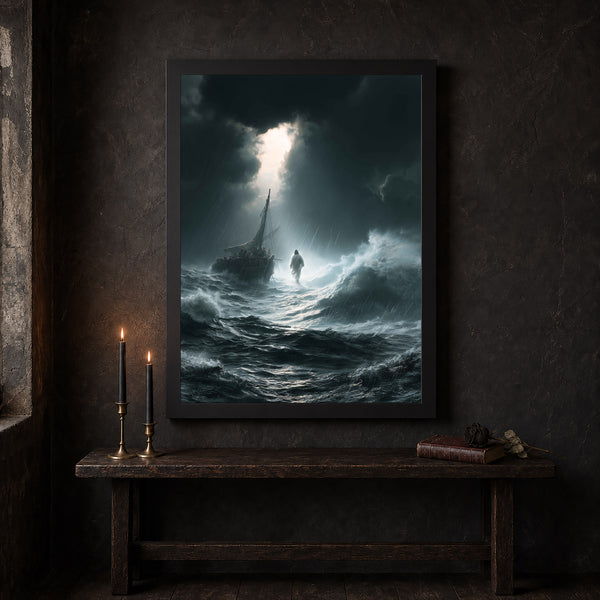 Jesus Walking on Water Wall Art – Matthew 14:25 Blue Storm Print