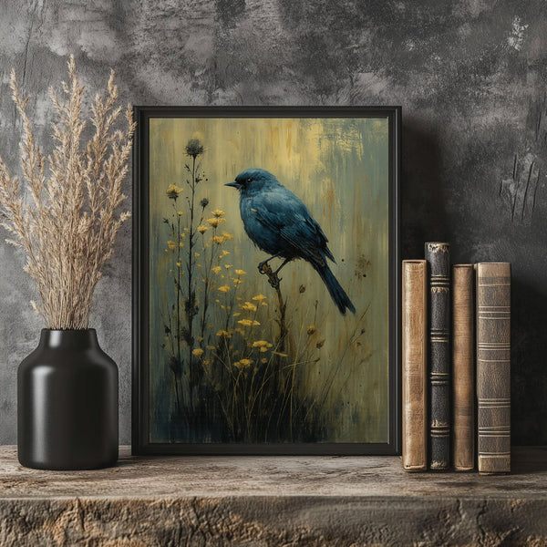 Vintage Blue Bird Wall Art, Dark Cottagecore Farmhouse Art, Dark Academia Gothic Aesthetic