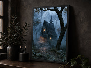 Witch House Art Print, Eerie Woodland Halloween Decor