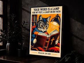 Your Word Is a Lamp for My Feet - Psalm 119 105 - Reading Cat Christian Poster